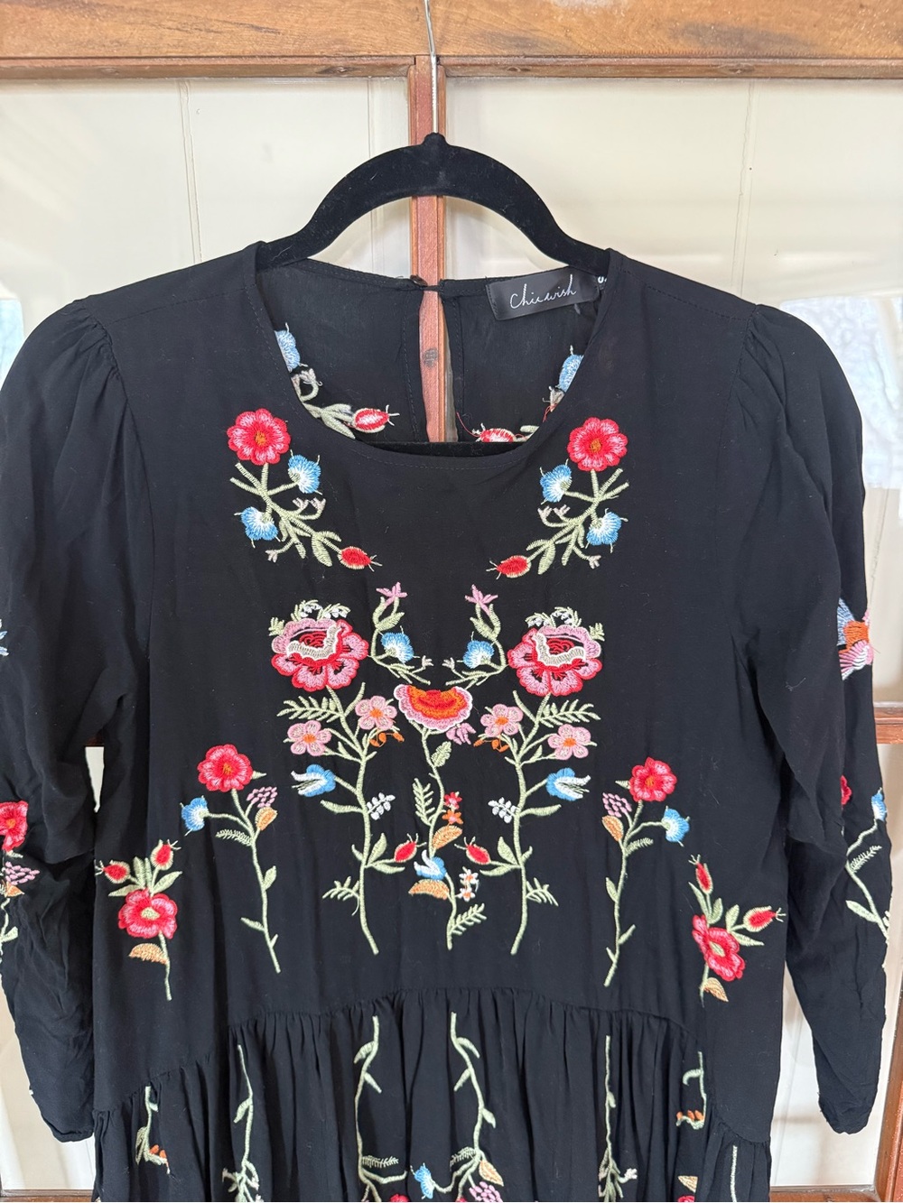 Chicwish Black Floral Embroidery Babydoll Mini Dress Boho Folk Cottagecore Small - Picture 2 of 4